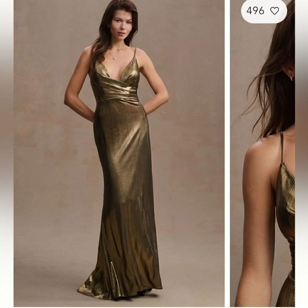 Mac Duggal Metallic Low-Back Plunge
Column Gown/ size 16